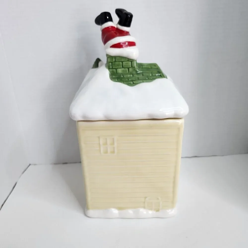 Vintage HOMCO Christmas Cookie Jar Victorian House Santa Stuck in Chimney 1990